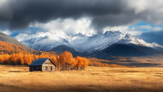 Rustic cabin in autumnal mountain valley with snow-capped peaks - Powered by Adobe