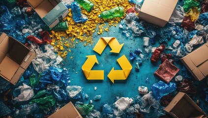 Recycling symbol amidst discarded waste.  