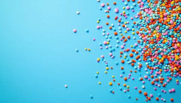 Colorful sprinkles cascade on a bright blue background - Powered by Adobe
