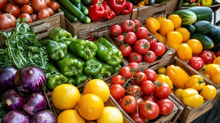 A vibrant display of fresh vegetables, including tomatoes, bell peppers, and cucumbers, arranged in wooden crates on a market stall.