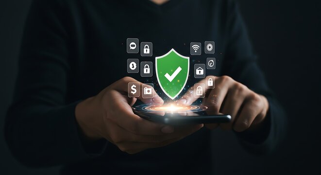 Hand using phone with security shield and icons for data protection