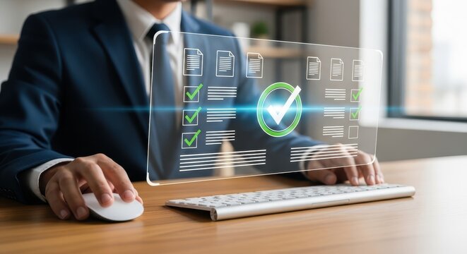 Digital Agreement Businessman confirming tasks on a holographic display with successful confirmations using modern technology.