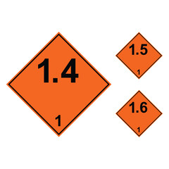 ADR 1.4, 1.5 and 1.6 Explosives sign set, orange and black signs, vector illustration.