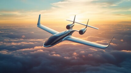 Futuristic Private Jet Soaring Above the Clouds at Sunset with Warm Hues
