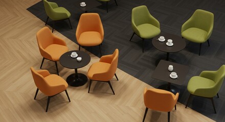 Modern Cafe Lounge with Stylish Armchairs and Tables