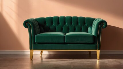 A luxurious emerald green velvet chesterfield style loveseat with gold accents and a peach wall