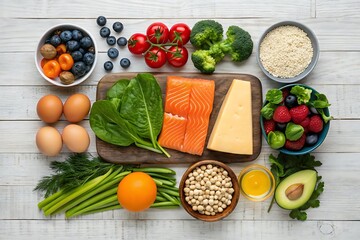 Healthy Balanced Diet Food Flat Lay &ndash; Salmon, Eggs, Vegetables, Fruits, and Superfoods