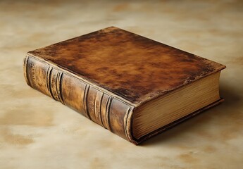 Old Leather-Bound Book on Light Tan Surface

