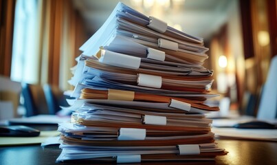 A towering stack of documents rests on a table, held together by clips and tape.  Papers of various shades of cream and beige are tightly packed, creating a sizable pile. 