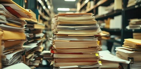 High stacks of documents fill a storage room.  Papers, files, and folders are densely packed on shelves