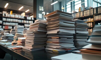 High stacks of papers overflow a dark table in a modern office.  Books and files are visible in the background