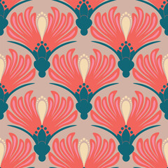 Floral shapes and ogee geometrical motifs background. abstract repeat wallpaper.Seamless pattern anthemion damask wallpaper illustration.floral pattern in deep pastel color.Digital art deco pattern.