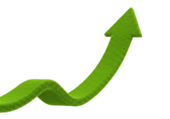 A 3d green grass arrow curving upwards, representing growth and progress, isolated on transparent background