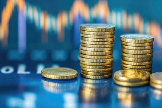 Gold coins stacked in columns against a blurred financial chart