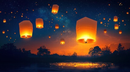 Lanterns Illuminating Night Sky Over Calm Water at Dusk