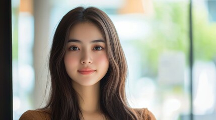 Fototapeta premium A young woman with long, dark hair, wearing a brown sweater, standing in a modern office with large windows and a neutral-colored background.