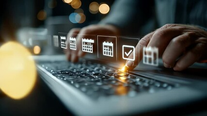 Close Up of Hands Typing on Laptop with Calendar Icons in a Dark Background Featuring Soft Bokeh and Warm Lighting for Adobe Stock Photo