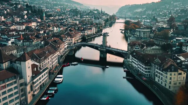 Stunning high angle view of Lake Zurich overlooking the charming town at dusk, High angle view of Lake Zurich and surrounding town in Switzerland