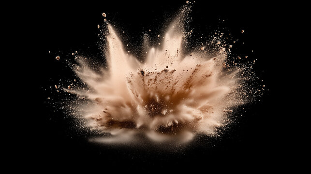 Dynamic brown powder suspended in mid-air against a deep black background, capturing movement.