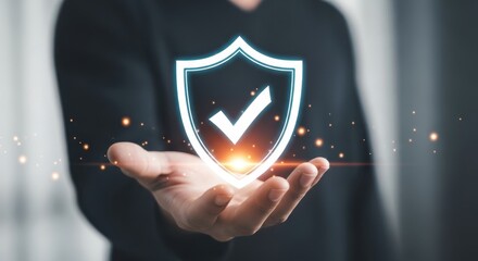 Digital Protection Hand Offering Shield with Checkmark for Safety and Security Assurance