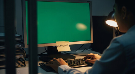 A person working late at night, typing on a computer with a green screen and a "deadline" sticky note.
