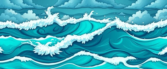 Seamless cartoon stormy seascape Turquoise background, repeating vector wave pattern,  swirl,  ripple