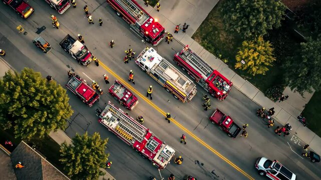 Aerial view of fire trucks and firefighters participating in a fire drill on a busy street, Aerial view of fire trucks at fire drill