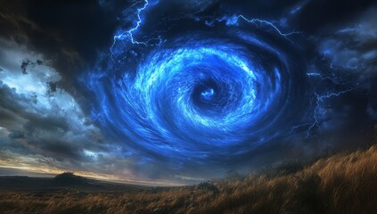 Stormy vortex over a field at sunset
