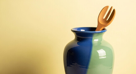 A wooden salad server rests in a blue and green ceramic vase against a pale yellow background.