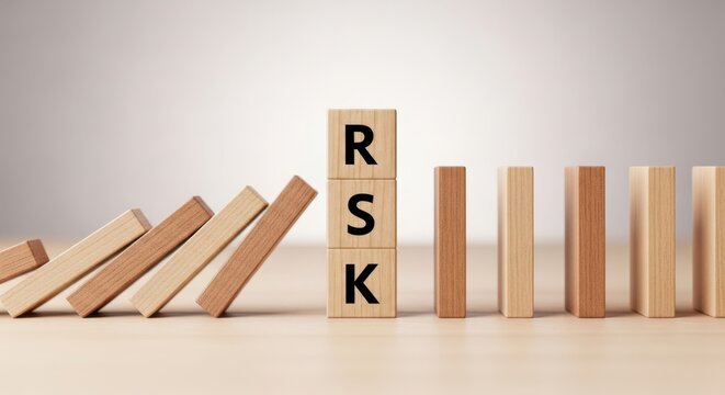 Mitigating Risk Wooden Blocks Depicting 'RSK' with Falling Dominoes, symbolizing challenges and prevention strategies.