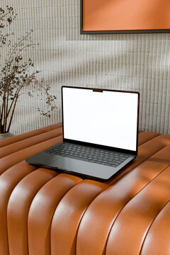 Workspace with Laptop on Leather Ottoman