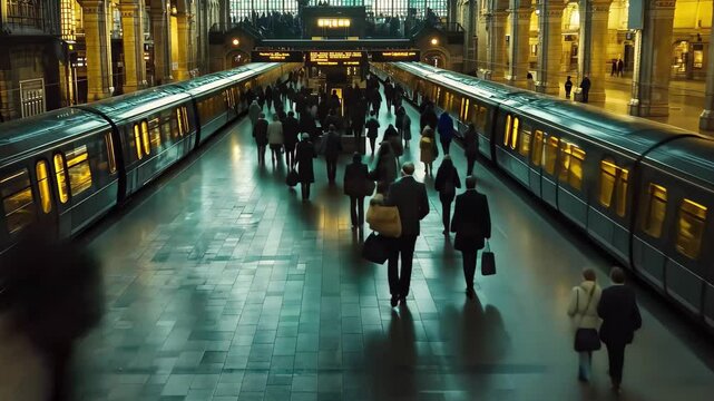 Time lapse of busy travelers moving through a vibrant train station during rush hour, Time lapse of travelers and commuters passing through a London railway station