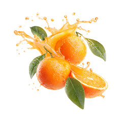 Vibrant oranges with juicy splash and green leaves isolated on transparent background