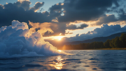 Dramatic Ocean Wave Splash with Sunset and Cloudy Sky Landscape Scene
