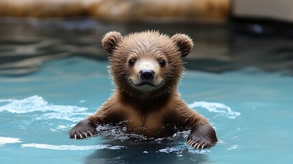 Fototapeta premium Cute bear cub swimming pool.