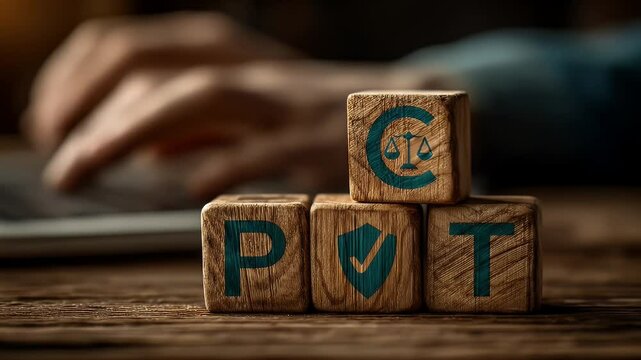 Close Up of Wooden Blocks Spelling P V T C With Hand Typing On Laptop in the Background Focused on Privacy and Security Concepts