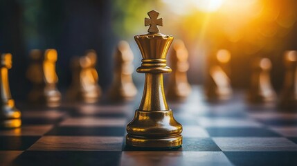 A chess board with a golden king piece in the foreground and a blurred background of other chess pieces.