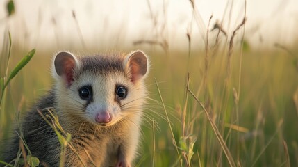 Fototapeta premium Cute opossum in golden field.