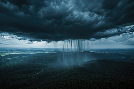Stormy clouds gather over a landscape. Rain pours down from a dark, ominous cloud mass