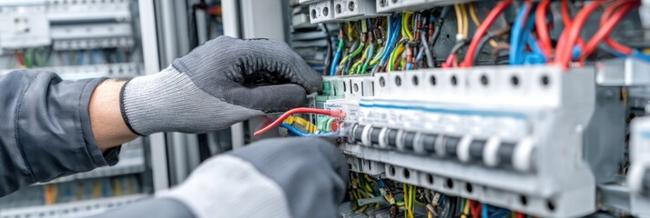 Horizontal view of gloved electrician securing electrical equipment and grounding cables inside open power cabinet, detailed engineering tools visible, clean modern background