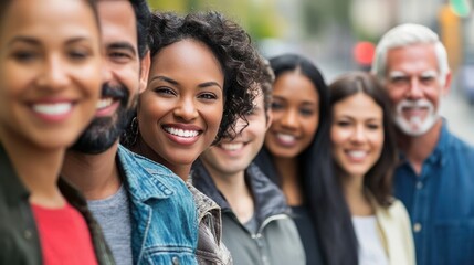 A diverse group of people standing in a row, with a mix of genders and ages, all smiling and facing forward.