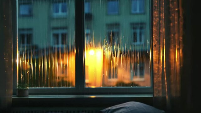 Nighttime rain outside a cozy window showing glowing street lights and shadowy buildings, Rainy weather outside, window view at night