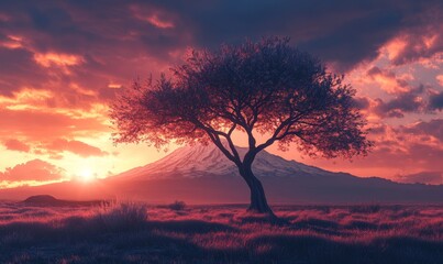 Obraz premium Sunrise, lone tree, mountain, vibrant sky, serene landscape