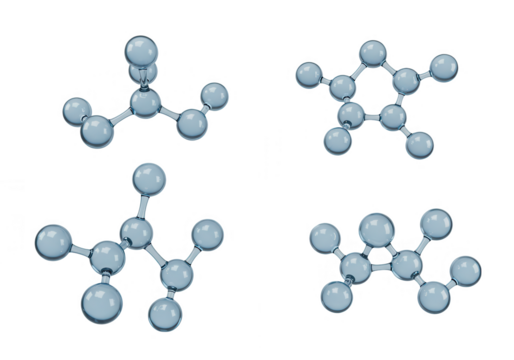 Four transparent molecular structures are isolated on transparent background