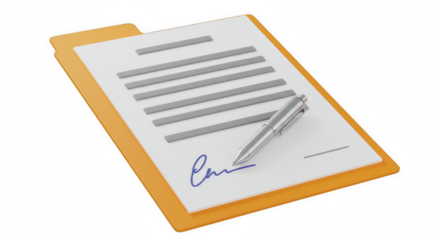 Signed Document with Pen and Folder Isolated on Transparent PNG Background