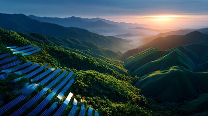 Sunrise over solar panels in mountainous landscape nature photography tranquil environment
