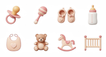 3D Render of Baby Girl Essentials Icon Set: Pacifier, Diaper, Bottle, Teddy Bear, and Rocking Horse, Isolated on Transparent PNG Background

