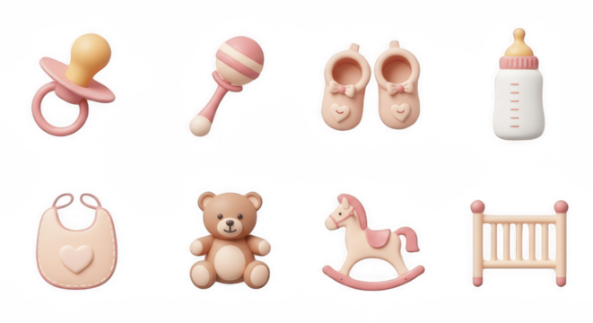 3D Render of Baby Girl Essentials Icon Set: Pacifier, Diaper, Bottle, Teddy Bear, and Rocking Horse, Isolated on Transparent PNG Background

 - Powered by Adobe