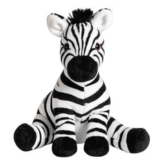Sitting plush zebra toy with black and white stripes, isolated on transparent background PNG