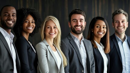 A diverse group of six business professionals standing in a row, smiling and facing forward.